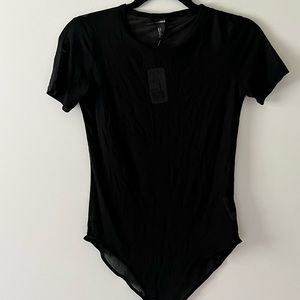 See through black body suit with tags